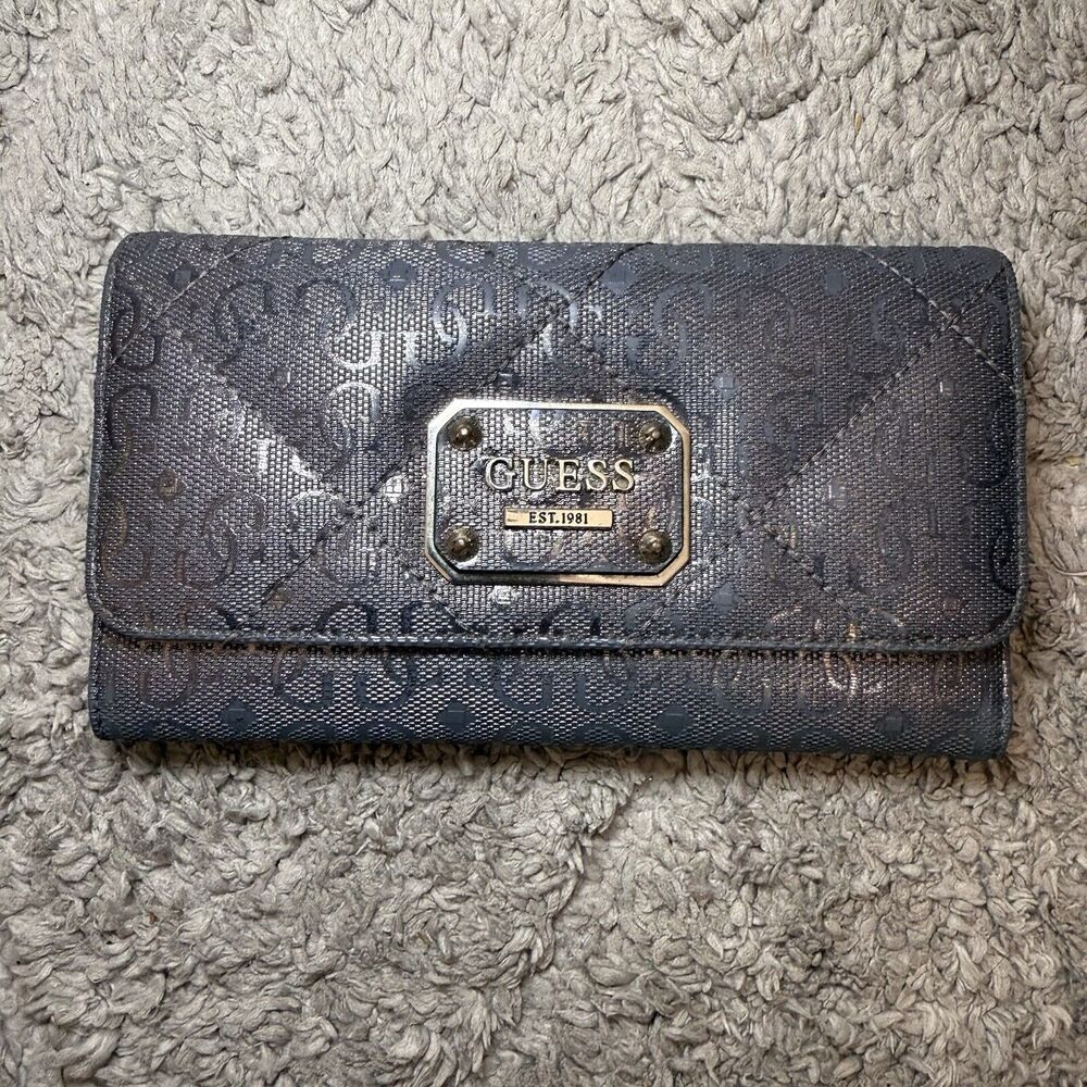 Guess Tri-Fold Faux Leather Wallet Charcoal Gray/Silver Monogram G‎